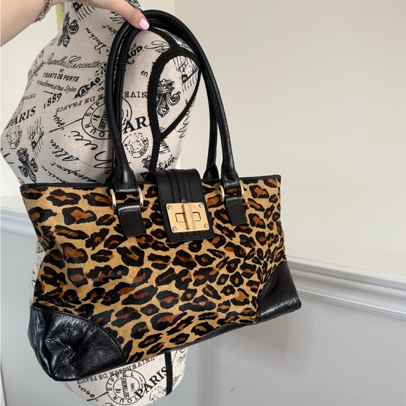 Danier Handbags - Danier Y2K Leopard Print Pony Hair Tote Bag with Genuine Leather Trim